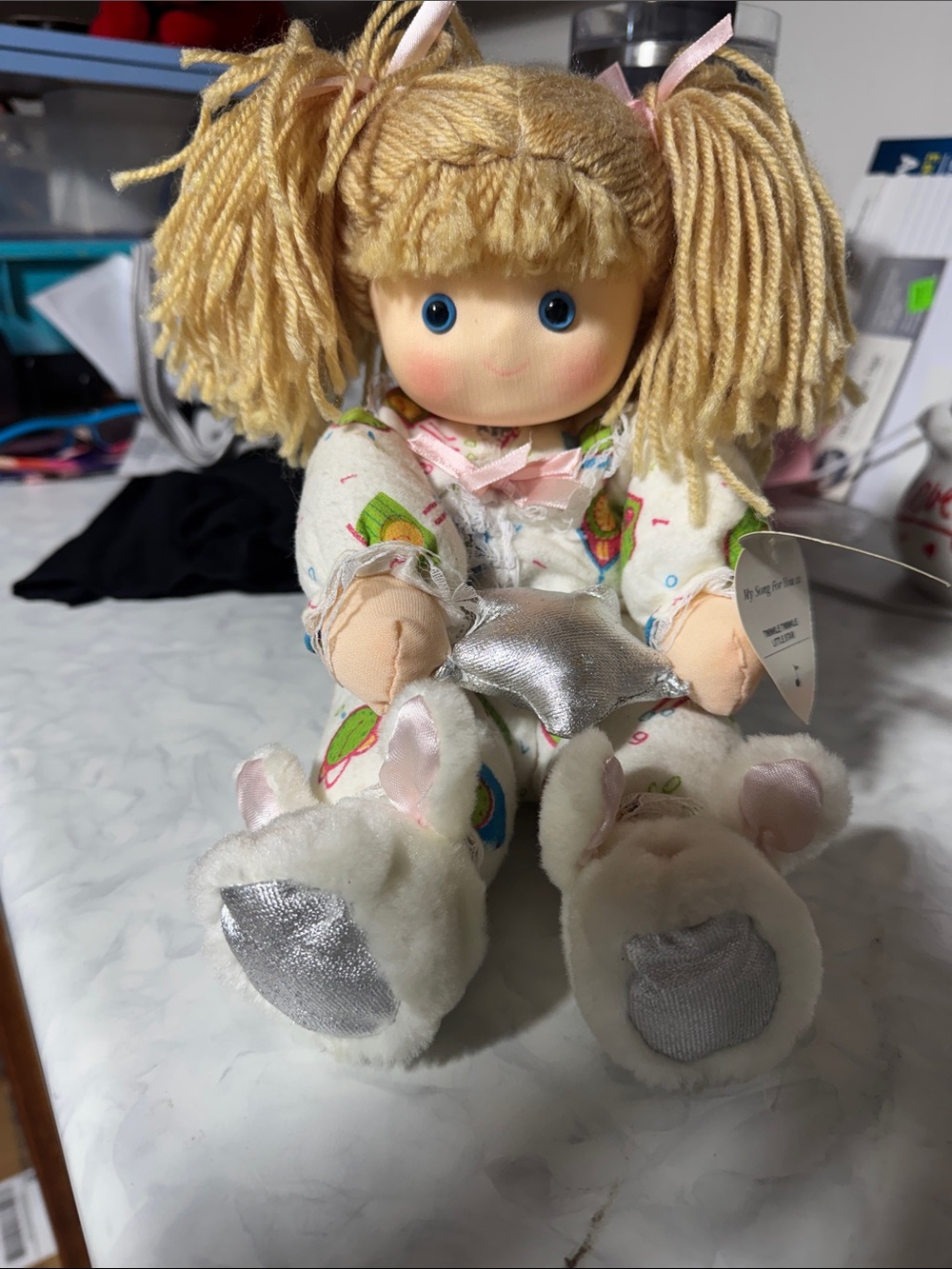 Precious Rag Doll with Blonde Yarn Hair and Blue Eyes - White/Pastel Outfit